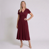 Women's V-Neck Cross-Front Pleated Midi Dress with Pocket Detail