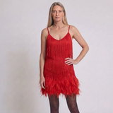 Women's Fringe Hem Mini Dress with Feather Trim and Glamorous Style
