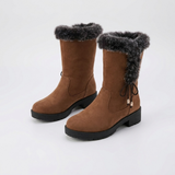 Women's Fur-Trimmed Knee-High Snow Boots with Low Block Heel