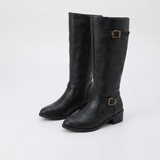 Women's Knee-High Riding Boots with Low Heel and Buckle Strap