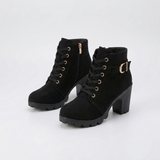 Women's Lace-Up Ankle Boots with Metal Buckle and Chunky Sole