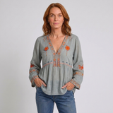 Women's Embroidered V-Neck Long Sleeve Blouse with Bohemian Inspired Design