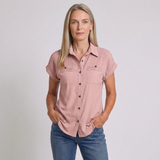 Women's Short Sleeve Button-Up Blouse with Pleated Detail and Lapel Collar