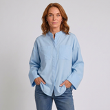 Women's Stand Collar Button-Up Blouse with Flared Long Sleeves and Pocket Detail