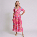 Women's Floral V-Neck Maxi Dress with Short Sleeves and Timeless Style
